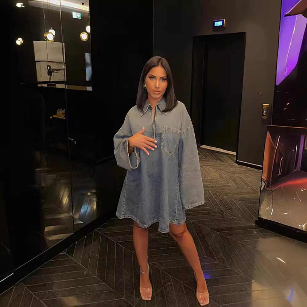 Lapel Patch Pocket Bell Sleeve Denim Dress