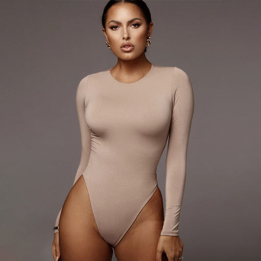Women's O-neck Long-sleeved Solid Color Sexy Bodysuit