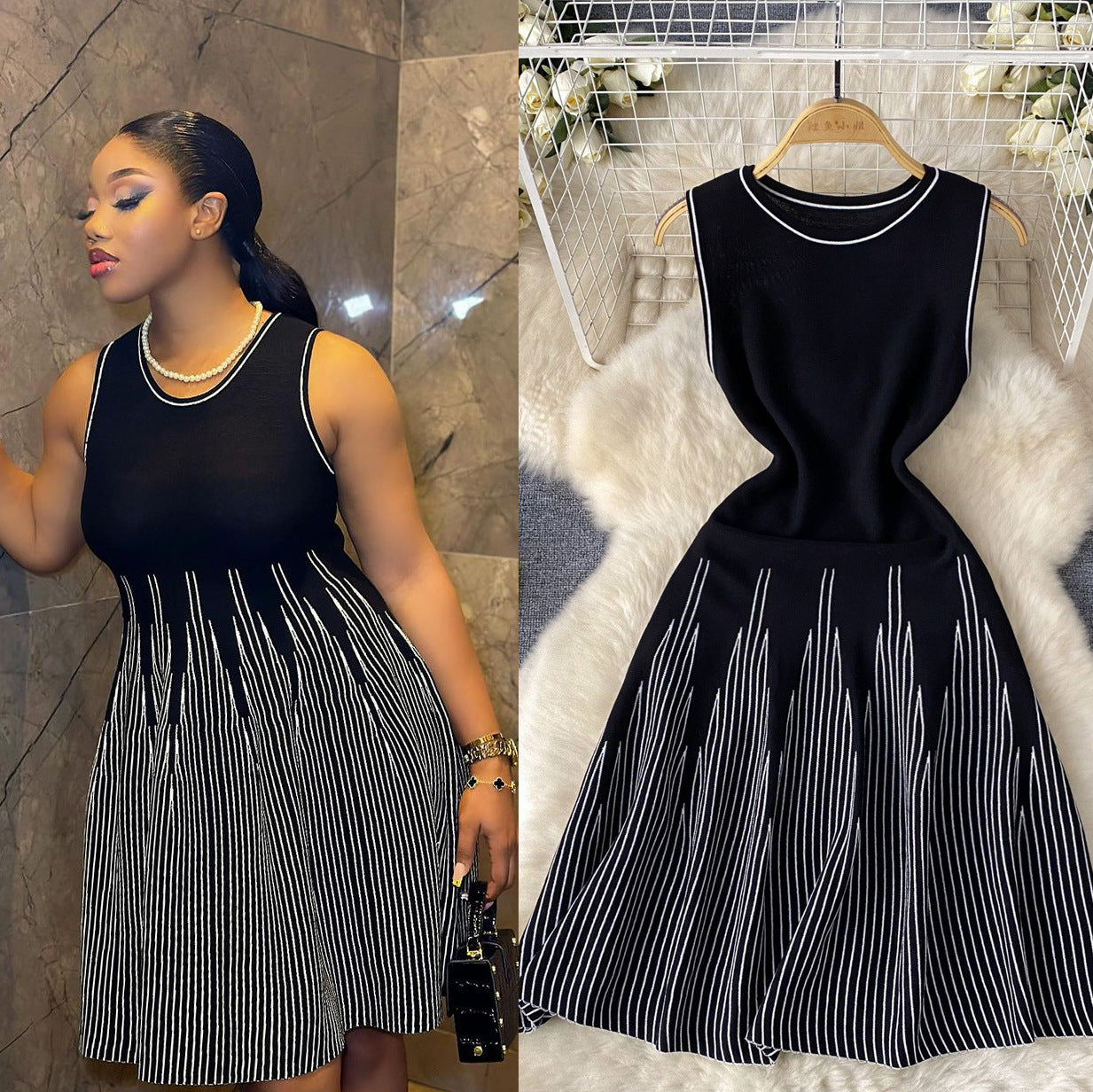 Simple Sleeveless Round-neck Striped Knit Dress For Women